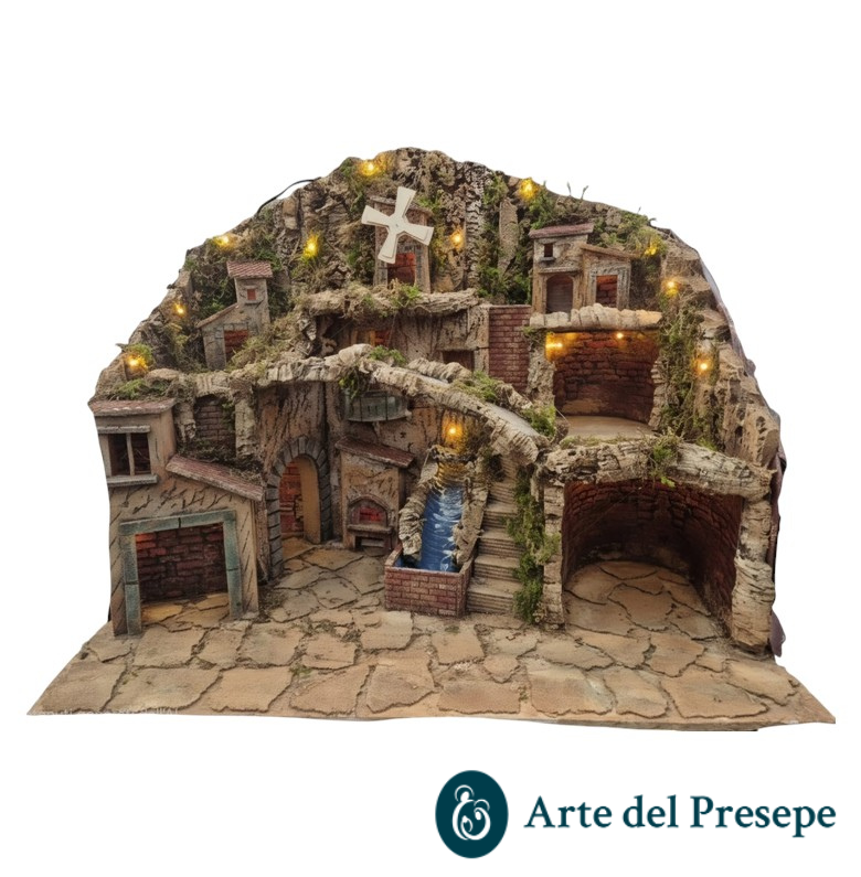 Presepe per pastori da 10/8/6 cm con Cascata-Forno-Mulino e Luci E/026