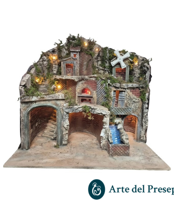 Presepe per pastori da 10/8/6 cm con Cascata-Forno-Mulino e luci A/026