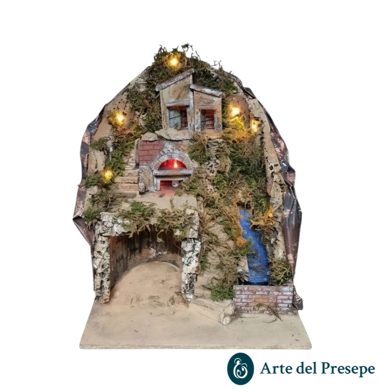Presepe per pastori da 8/6 cm con Cascata-Forno e luci A/426