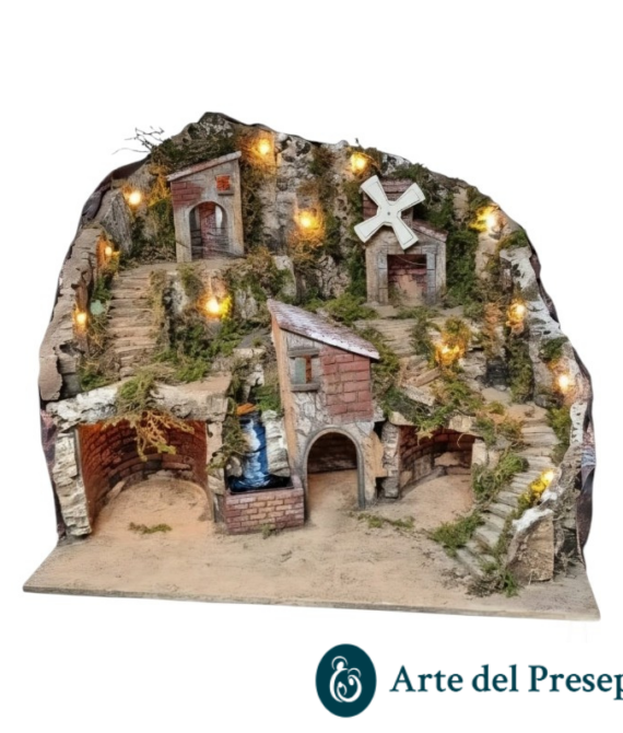 Presepe per pastori da 10/8 cm con Cascata-Mulino e luci A/826