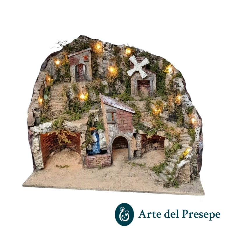 Presepe per pastori da 10/8 cm con Cascata-Mulino e luci A/826