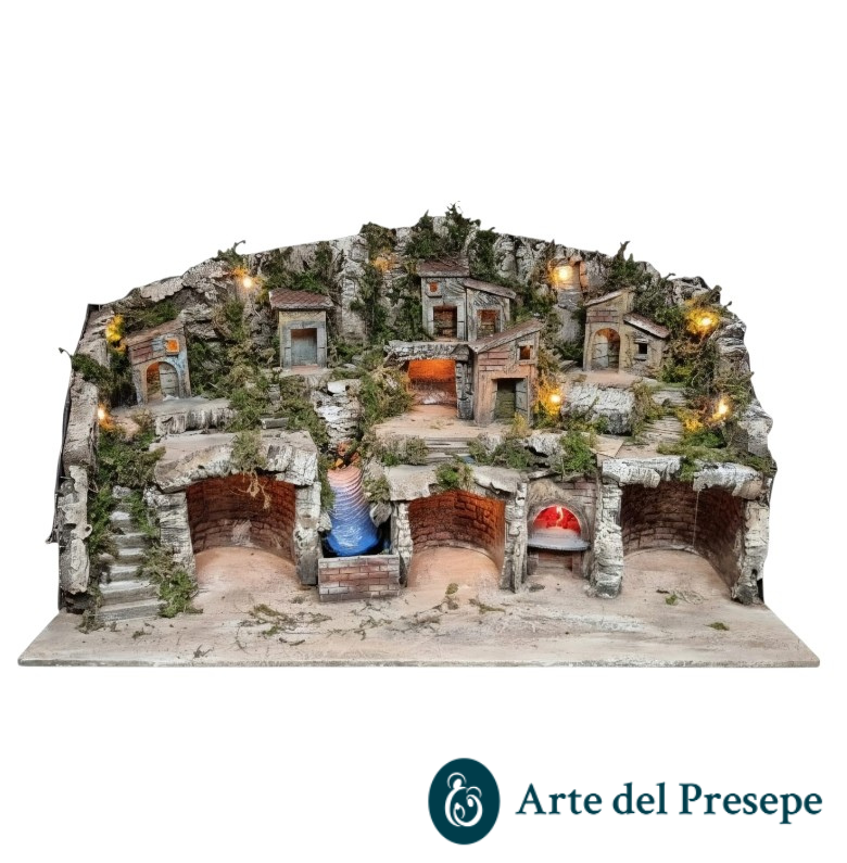 Presepe per pastori da 8/6 cm con Cascata-Forno e luci A/926