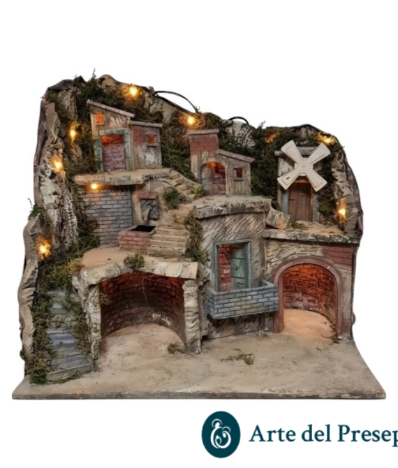 Presepe per pastori da 10/8 cm con Fontana-Mulino e luci A/1226