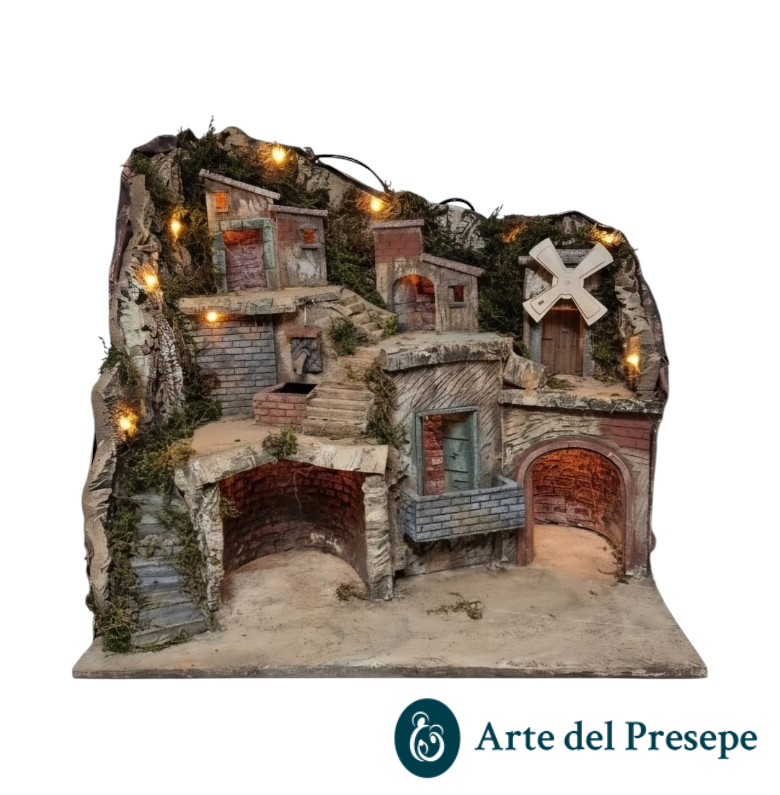Presepe per pastori da 10/8 cm con Fontana-Mulino e luci A/1226
