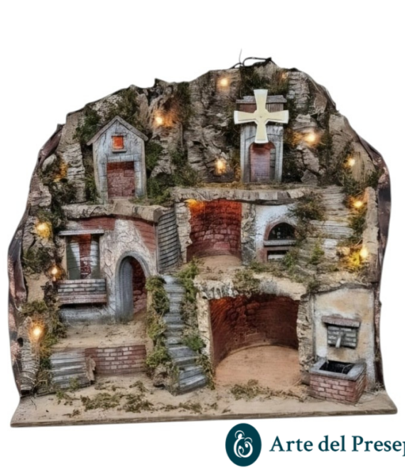 Presepe per pastori da 10/8/6 cm con Mulino-Fontana-Forno e luci A/1326
