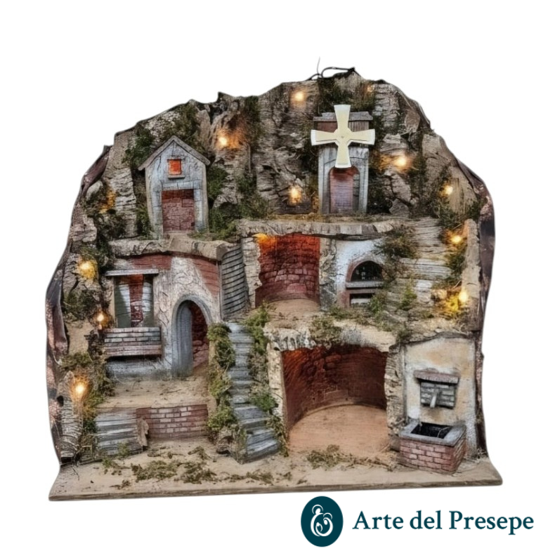 Presepe per pastori da 10/8/6 cm con Mulino-Fontana-Forno e luci A/1326