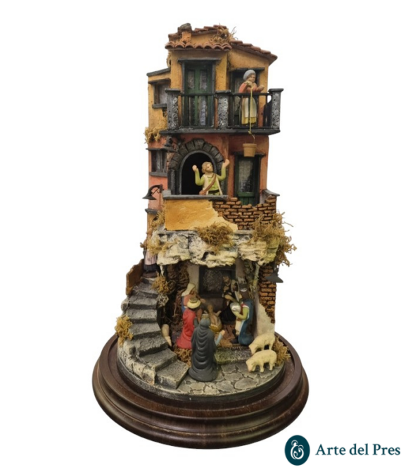 Presepe in campana a base tonda completo con Pastori in Terracotta da 7cm e luci A16/26