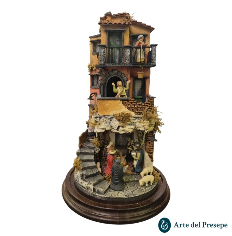 Presepe in campana a base tonda completo con Pastori in Terracotta da 7cm e luci A16/26