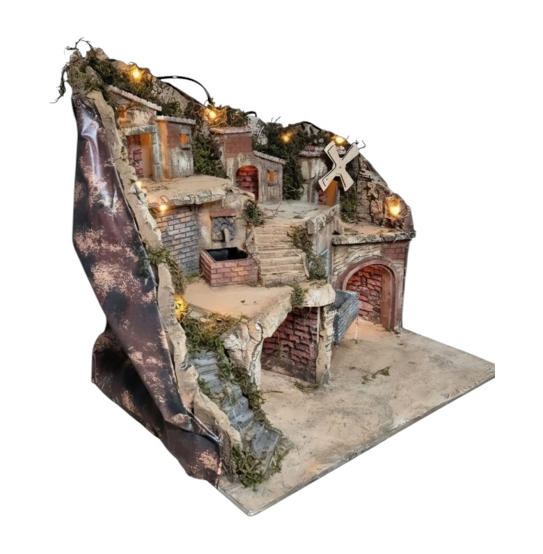 Presepe per pastori da 10/8 cm con Fontana-Mulino e luci A/1226 - immagine 2