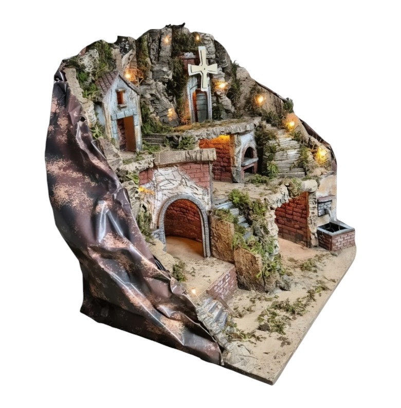 Presepe per pastori da 10/8/6 cm con Mulino-Fontana-Forno e luci A/1326 - immagine 3