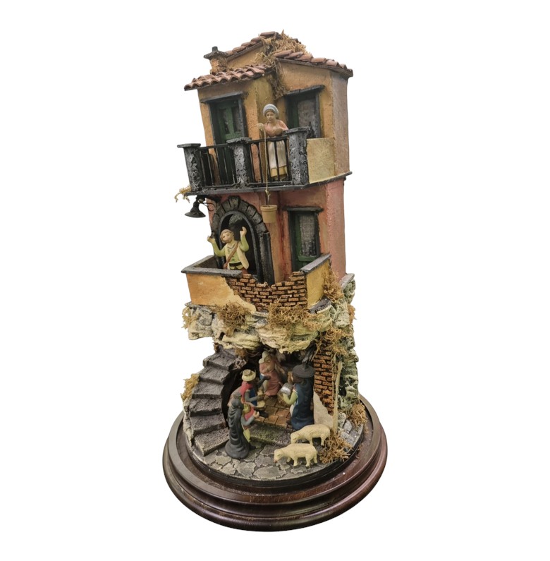 Presepe in campana a base tonda completo con Pastori in Terracotta da 7cm e luci A16/26 - immagine 3