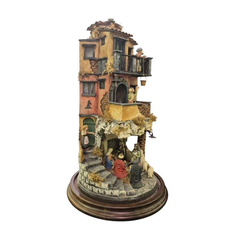 Presepe in campana a base tonda completo con Pastori in Terracotta da 7cm e luci A16/26 - immagine 4